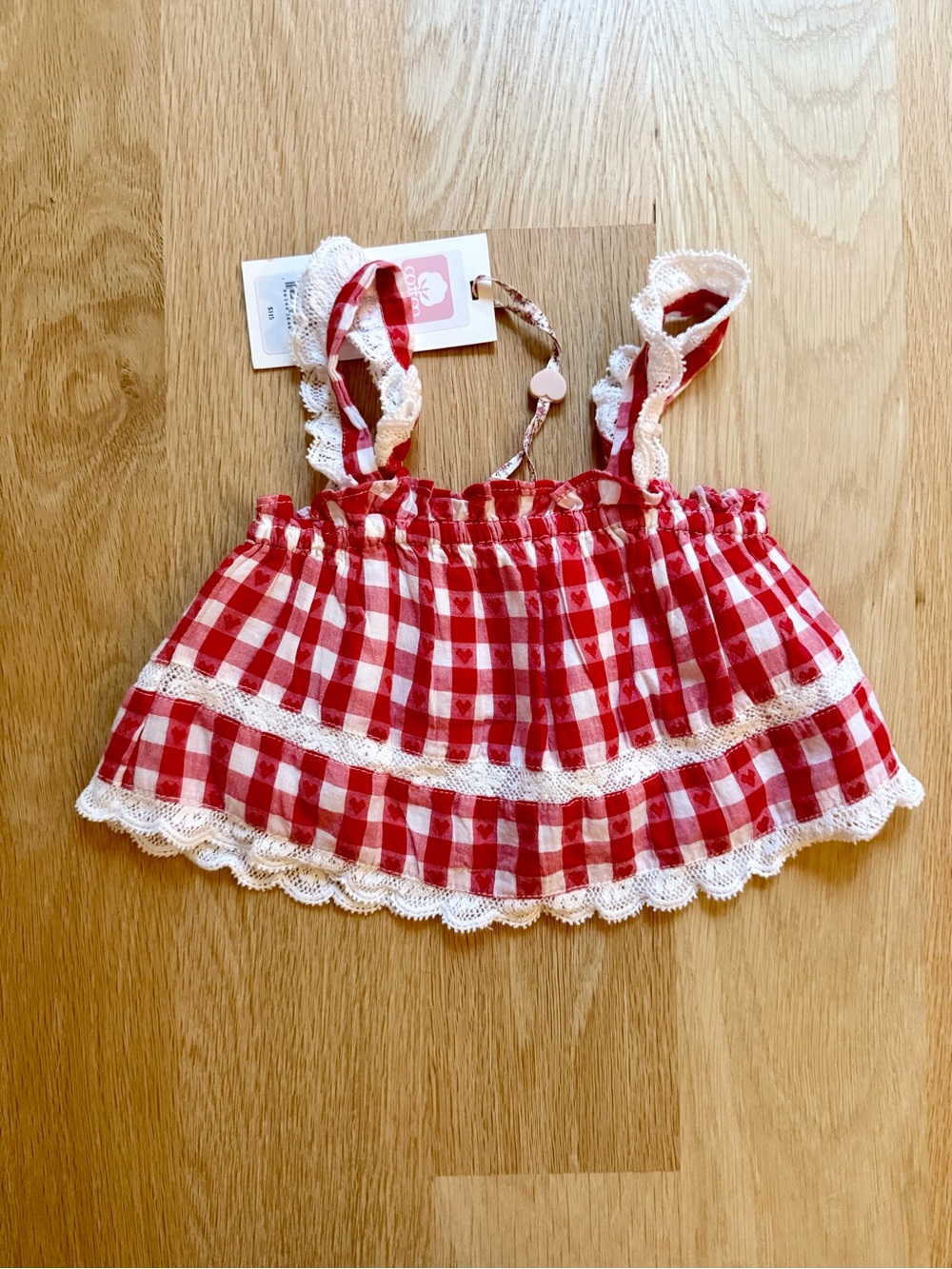 LoveShackFancy Red and White Gingham Heart Ruffle Tank Top - Kids
